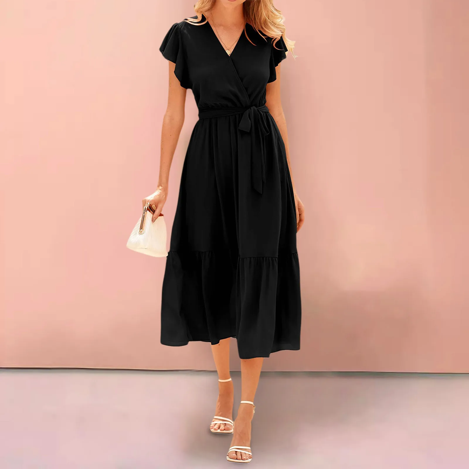 

Women Summer Ruffle Cap Sleeve Dress Bohemian Casual Wrap V Neck Belt A Line Pleated Sun Dress Casual Summer Dresses For Women