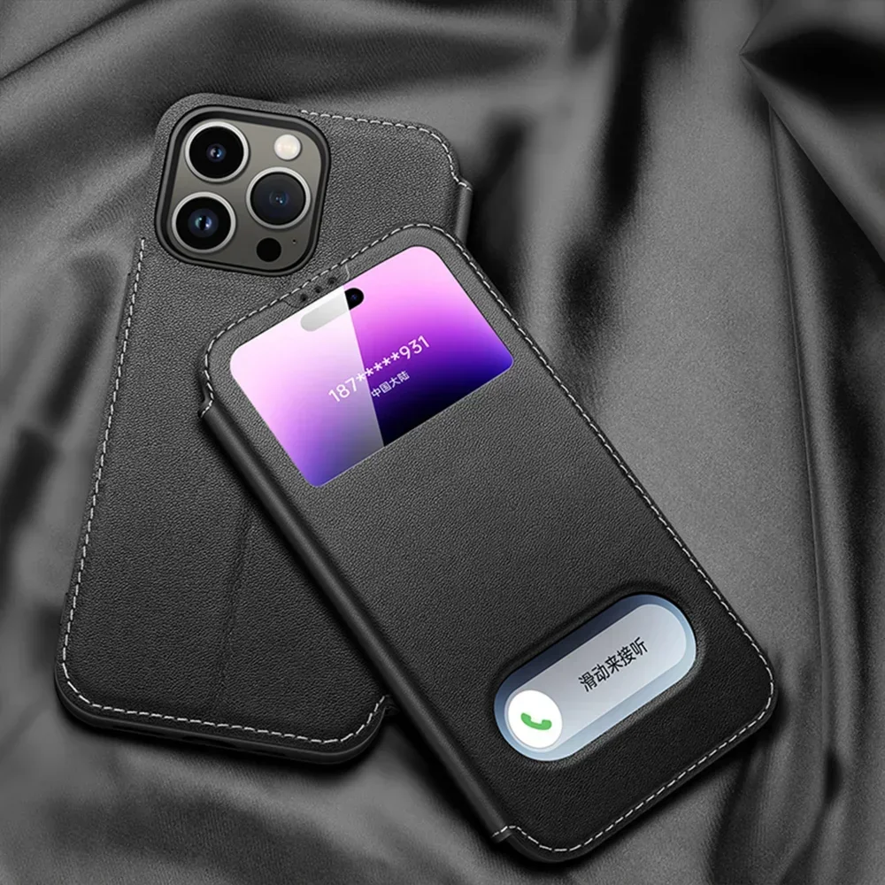 Premium Genuine Leather Magnetic Flip Phone Case with Clear View Window