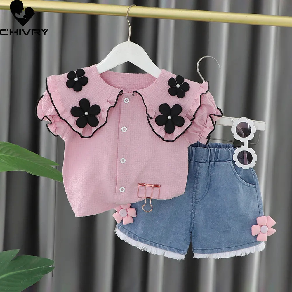 

Summer Girls Clothing New 2023 Baby Girl Short Sleeve Flower Lapel Shirt Tops with Denim Shorts Toddler Two-piece Clothes Sets