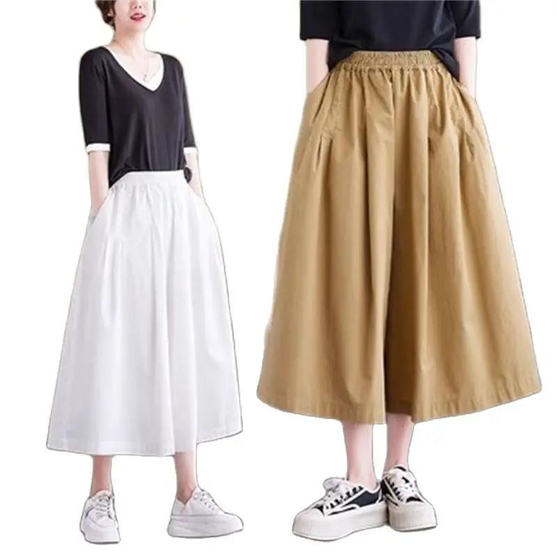 

2023 Summer New Loose Loose Slim Thin Casual Wide Leg Seven-point Pants Female Cotton Thin Arist Solid Color Large Size Pant