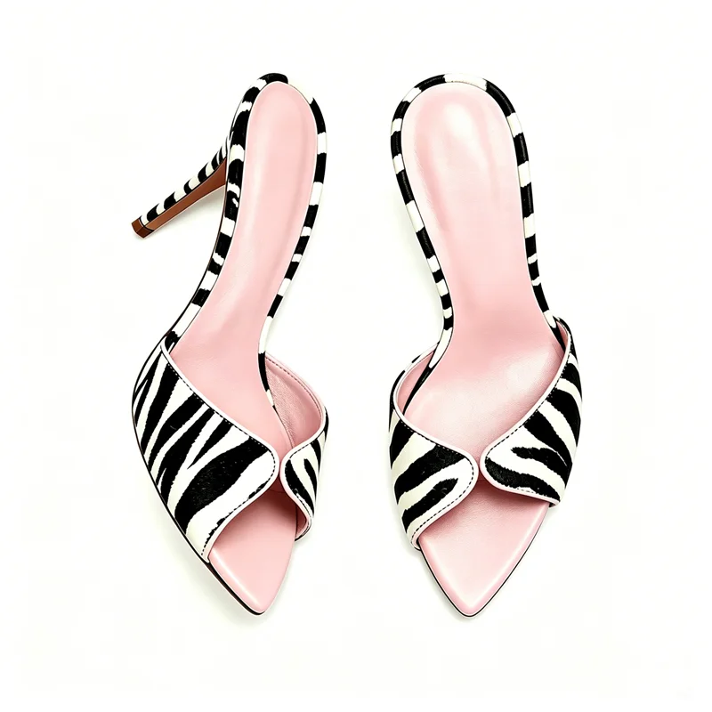 Ladies  Zebra Stripes V Cut Point Toe Backless Mules Thin Stiletto Slides Women Slip On Animal Print Sandals Designer Heels