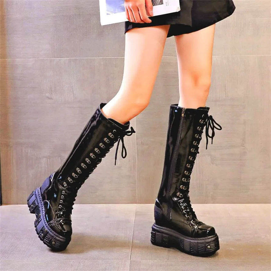 

Military Motorcycle Knee High Boots Women's Genuine Leather Platform Wedge High Heels Buckle Tall Long Creeper Oxfords