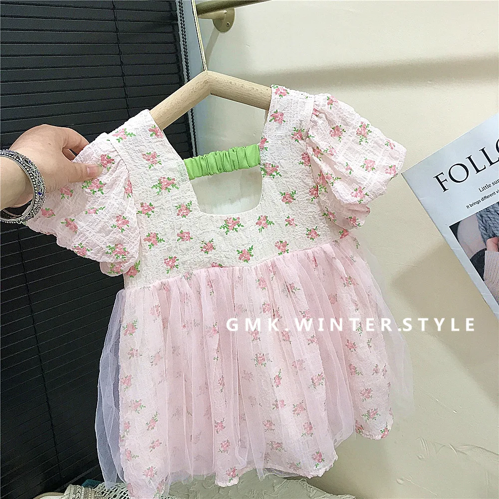 

Girls Casual Dresses Summer New Children Clothing Puff Sleeve Princess Baby Fragmented Flowers 2024 Mesh Yarn Printing