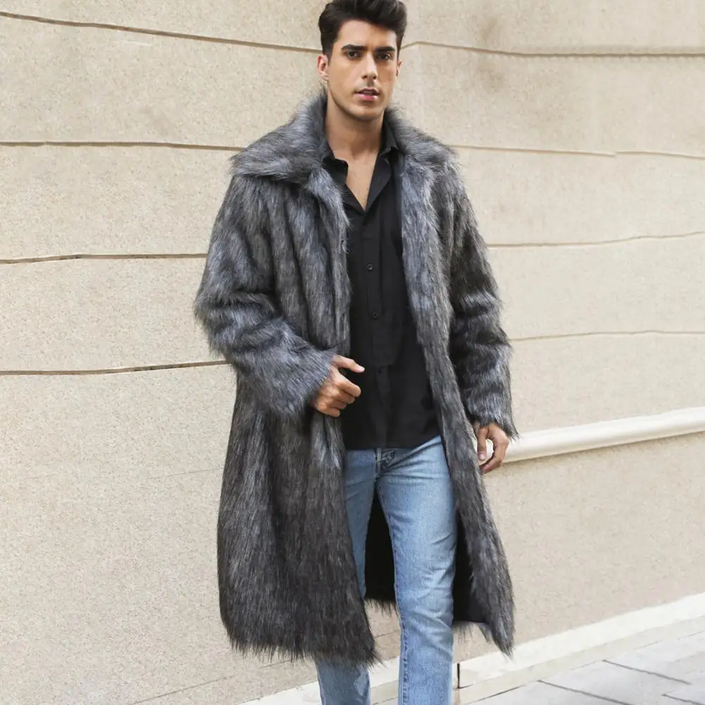 Men Long Faux Fur Overcoat Lapel Long Sleeve Windproof Open Front Coat Thickened Warm Imitation Fur Outwear