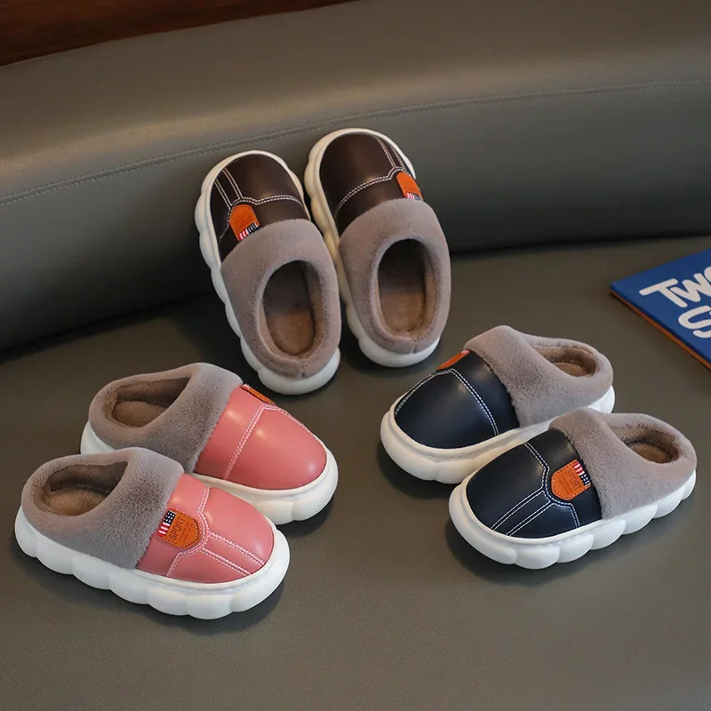 Women's Cotton Slippers Winter Shoes Woman Warm Plush Waterproof Leather Slippers Little Girls Boys Soft Sole Home Shoes