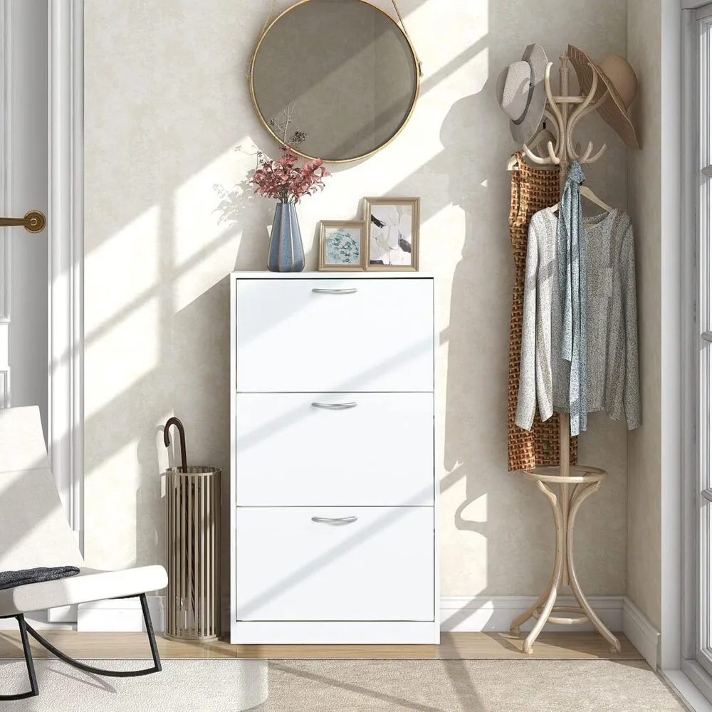 White Narrow Storage Cabinet Flip Down Shoe Rack Wood 3 Tier Shoe Organizer for Home and Apartment, Shoes Cabinets 6