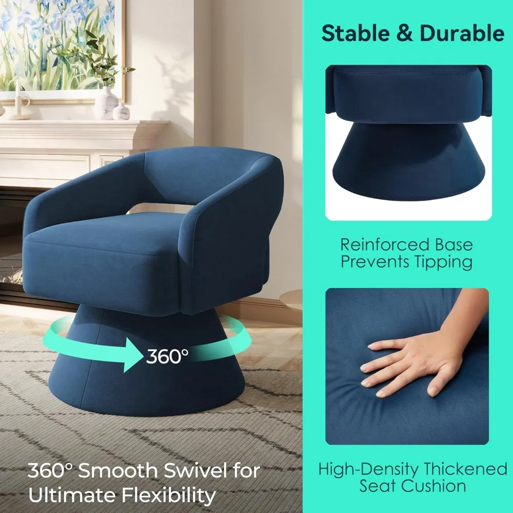 Modern 360 Swivel Barrel Chair, Blue Velvet Accent Chair with Arms for Small Spaces Living Room Bedroom