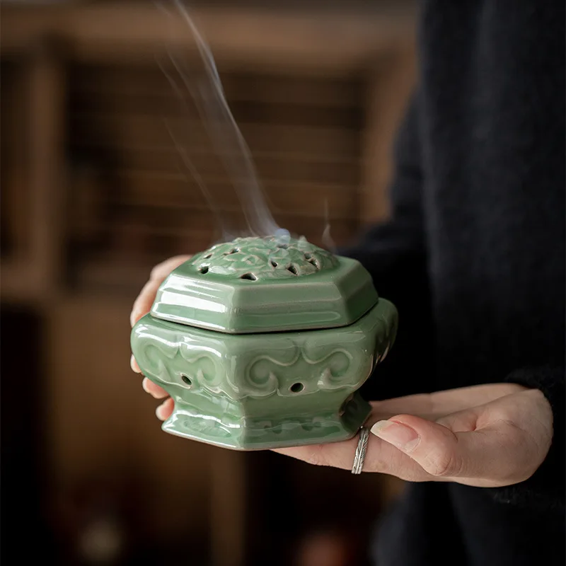 

PINNY Ceramics Celadon Retro Incense Burner Zen Room Decoration Meditation Sandalwood Coil Censer Tea Ceremony Accessories