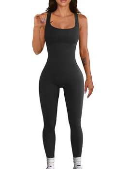 CZGUKE Combinaison de sport sans coutures pour femmes, yoga, côtelée, ajustée, à col carré, pantalon long, vêtements de fitness