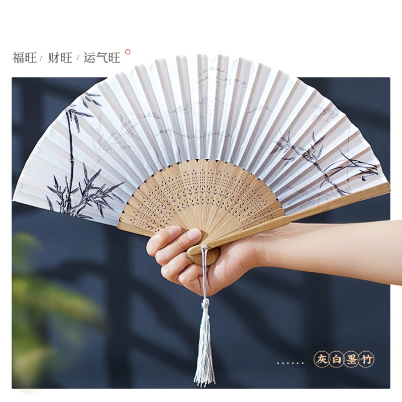 Folding Fan Hand Fan Chinese Style Folding Hand Fan 33cm Japanese Vintage 13 inch Fold Fan Traditional Crane with Ribbon for Hanfu