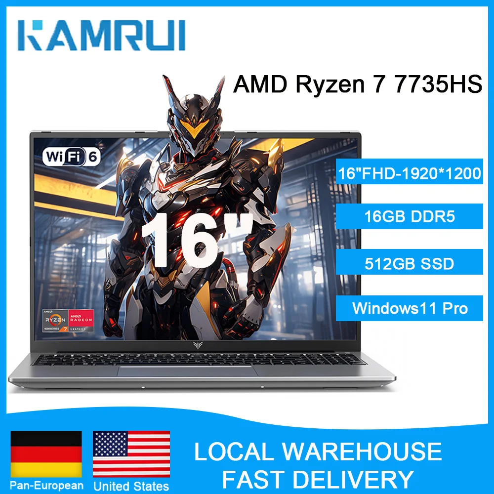 Kamrui Gaming Laptop 16" FHD Display AMD Ryzen 7 7735HS 16GB  DDR5 4800MHz 512GB SSD Wifi6 BT5.2 Windows11 Pro Notebook Computer