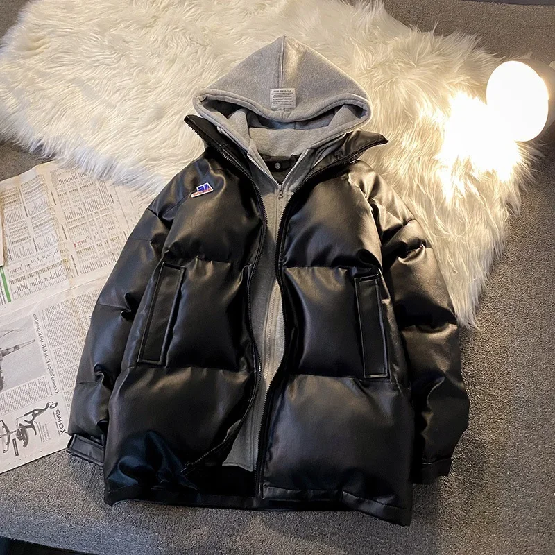 Fake Two Pieces of Cotton Jacket Men's Winter Korean Version Loose PU Leather Hooded Cotton Jacket Trendy Brand Handsome
