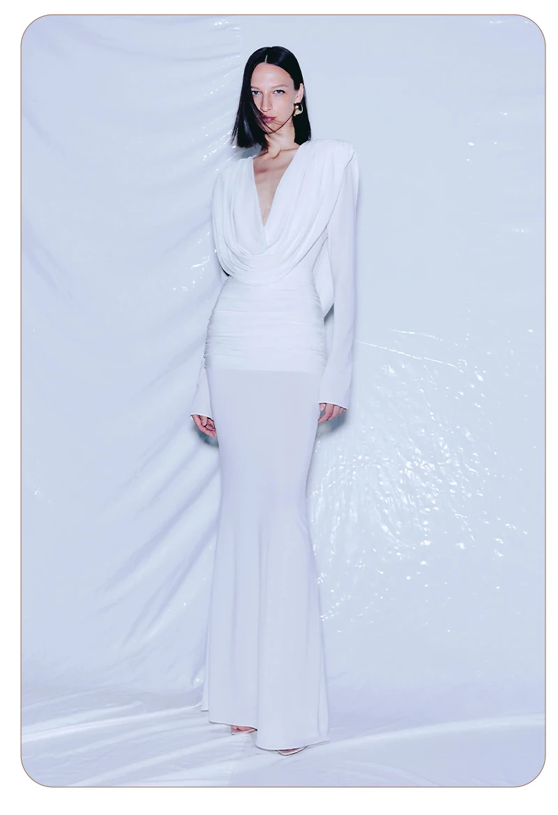 PB Elegantes weißes, langärmliges, drapiertes Meerjungfrauenkleid mit V-Ausschnitt für Frauen, gerüscht, elegante Abendparty, schwingender Kragen, langes Damenkleid – Detail 8