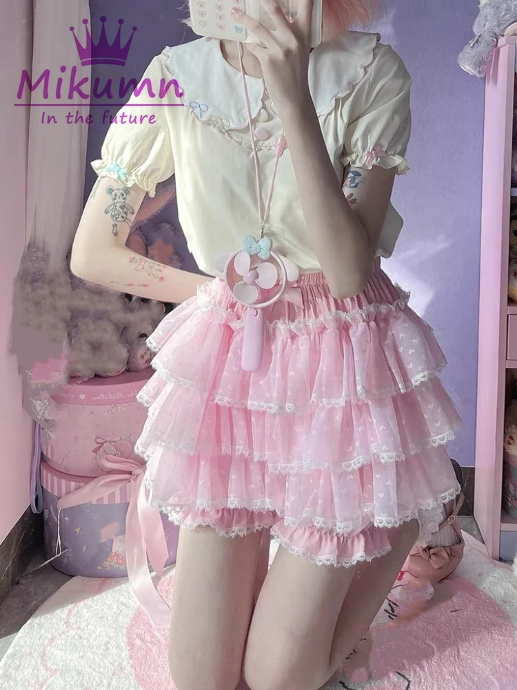 Mikumn Harajuku Sweet Lace Shorts Skirts Y2k Japanese Lolita Kawaii JK Ruffles Bloomers Women Elastic Waist Safety Short Pants
