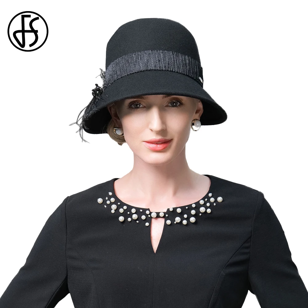 

FS Elegant Black Bowler Hats For Women 2024 Spring Royalblue Wool Fedoras Ladies Britain Cocktail Party Formal Occasion Cap