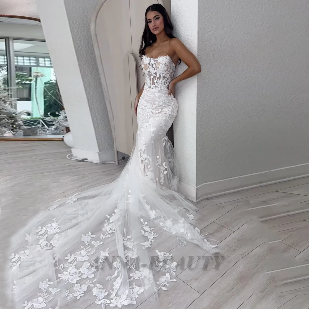 Anna Modern Strapless Wedding Dresses for Bride Lace Appliques