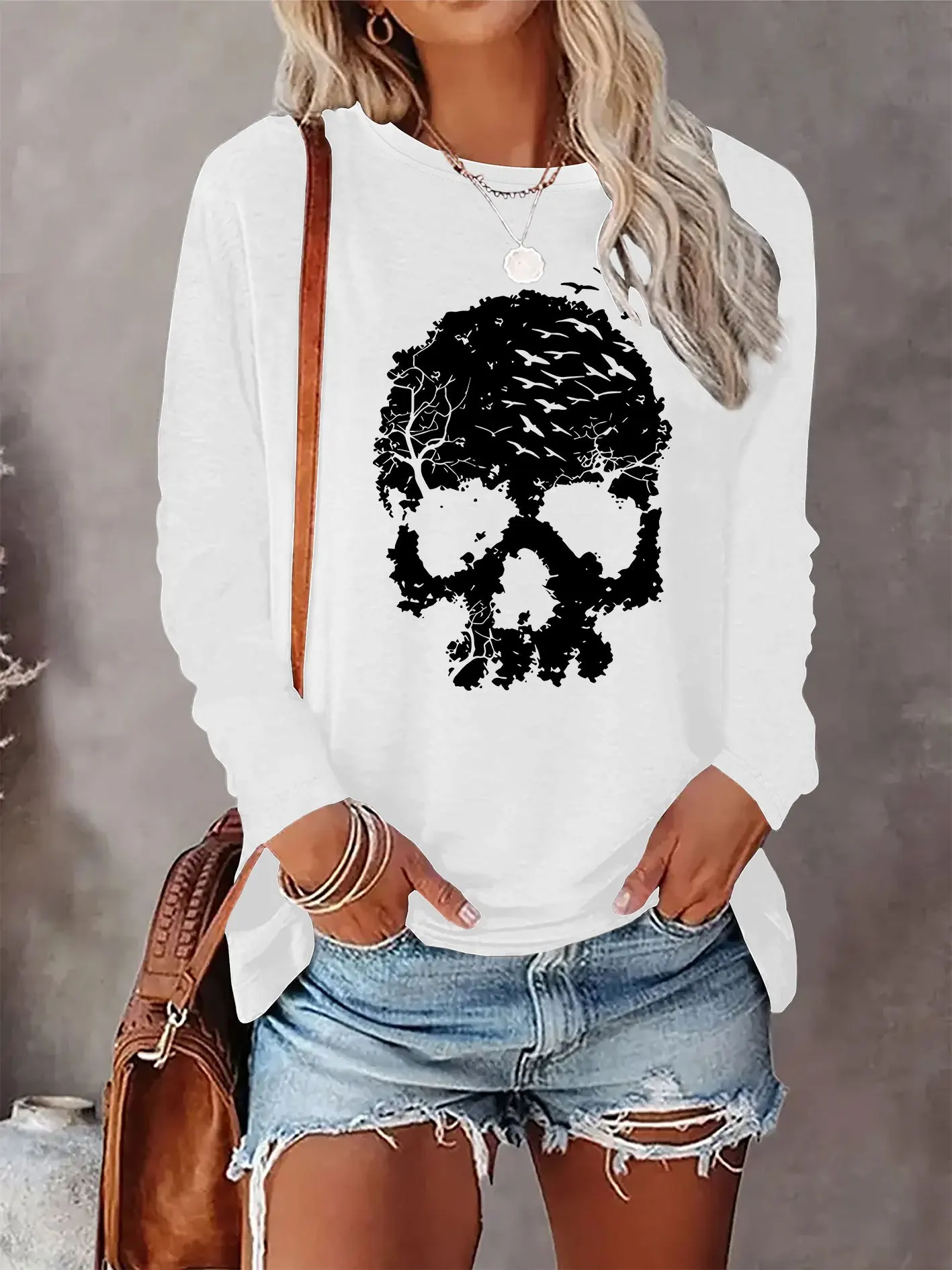 Slim Fit Womens Long Sleeve Cotton T-Shirt - Thin White Top