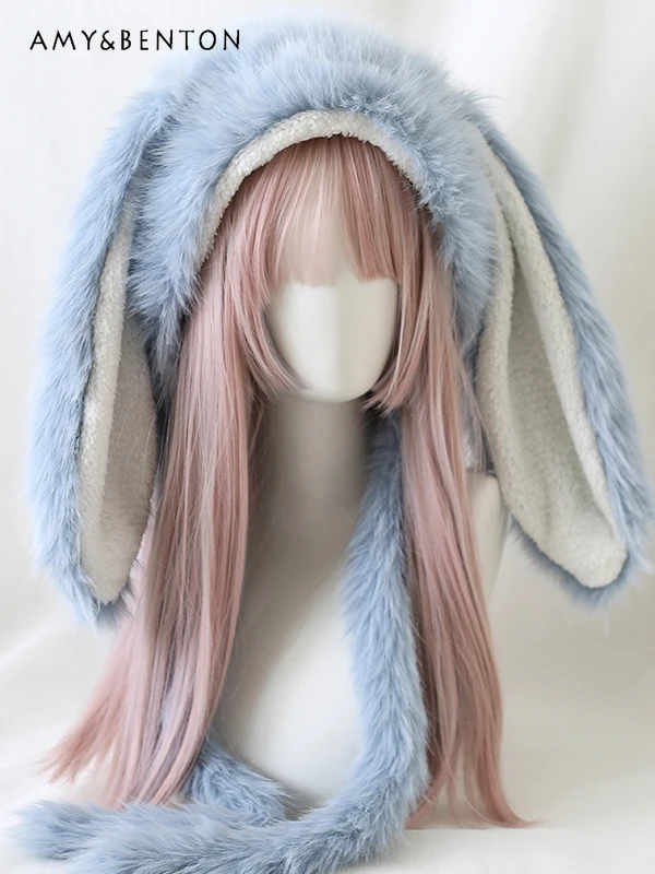 

Sweet Cute Rabbit Ears Plush Thickened Hats for Women Winter New Kawaii All-Match Warm Bomber Hats Lolita Imitation Mink Hat