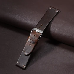 Vintage Oil Wax Genuine Leather Watchband - Quick Release Calfskin Strap - 20mm (Dark Brown)