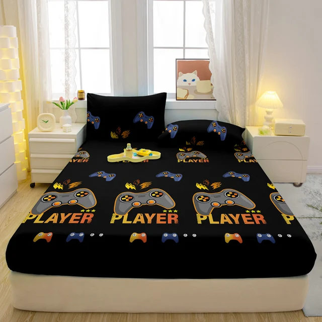Ensemble de draps housse avec motif de jeu amusant de dessin animé, couverture de lit imprimée, literie de chambre à coucher, 3 pièces 2