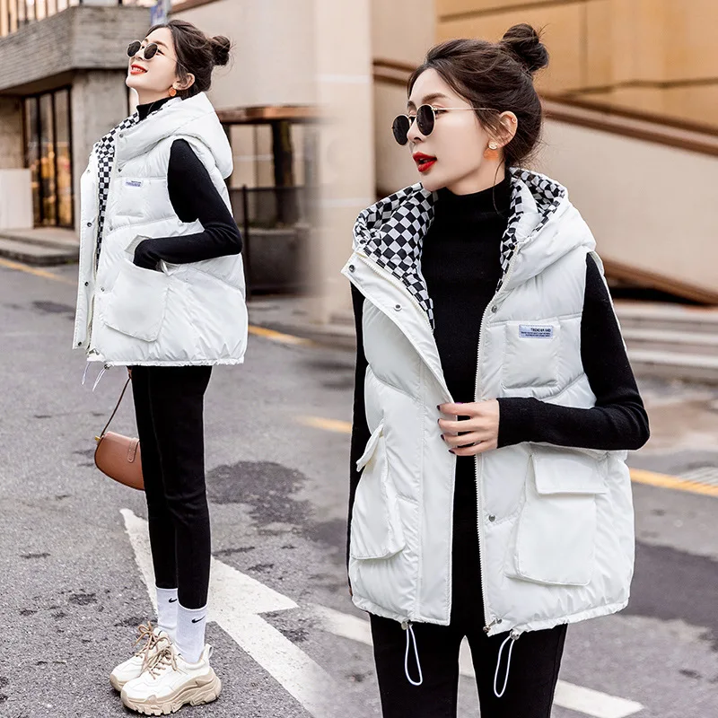 Winter Thick Warm Down Cotton Hooded Vest Women Windproof Sleeveless Cardigan Zipper Pocket Korean Parkas Vests Loose Outerwear