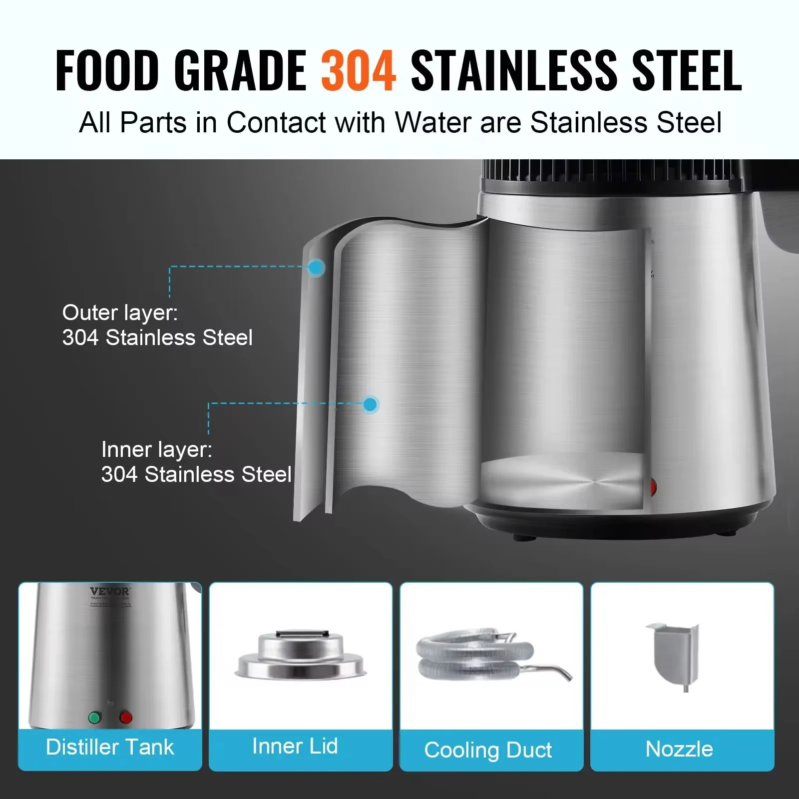 VEVOR Water Distiller Pure Water Purifier Filter For Home Countertop4L 1.05 Gallon 750W Stainless Steel Interior Distiller stainless steel distiller