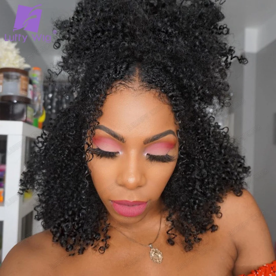 Invisible Afro Kinky Curly V Part Wig Human Hair Glueless Upart Wig No