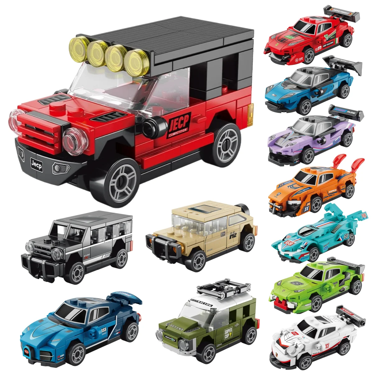 DIY Vier-Gitter-Rennwagen-Bausatz mit Rückziehfunktion, Rennauto-Spielzeug für Jungen, Filmmodell, Stadt, Kindergeschenk