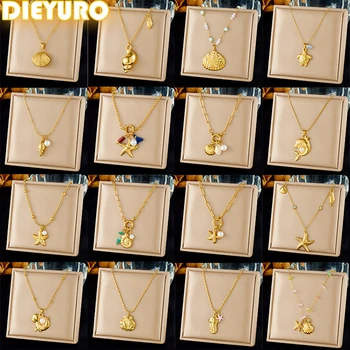 DIEYURO Collana con ciondolo di perle di animali marini di stelle marine in acciaio inossidabile 316L conchiglia Lady New Ocean Series Collana con catena al collo Regalo di gioielli 1