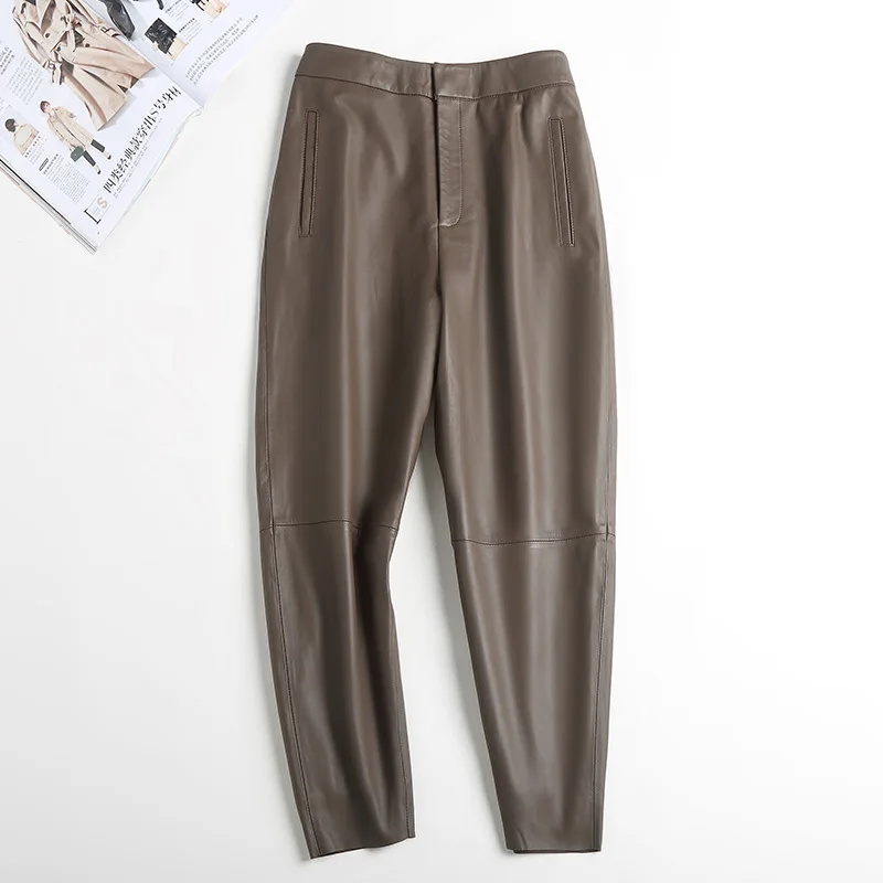 Women's Genuine Leather Ankle Length Pants, Haren Sheepskin Pants, Simple Casual Pants, OL, Spring, Autumn