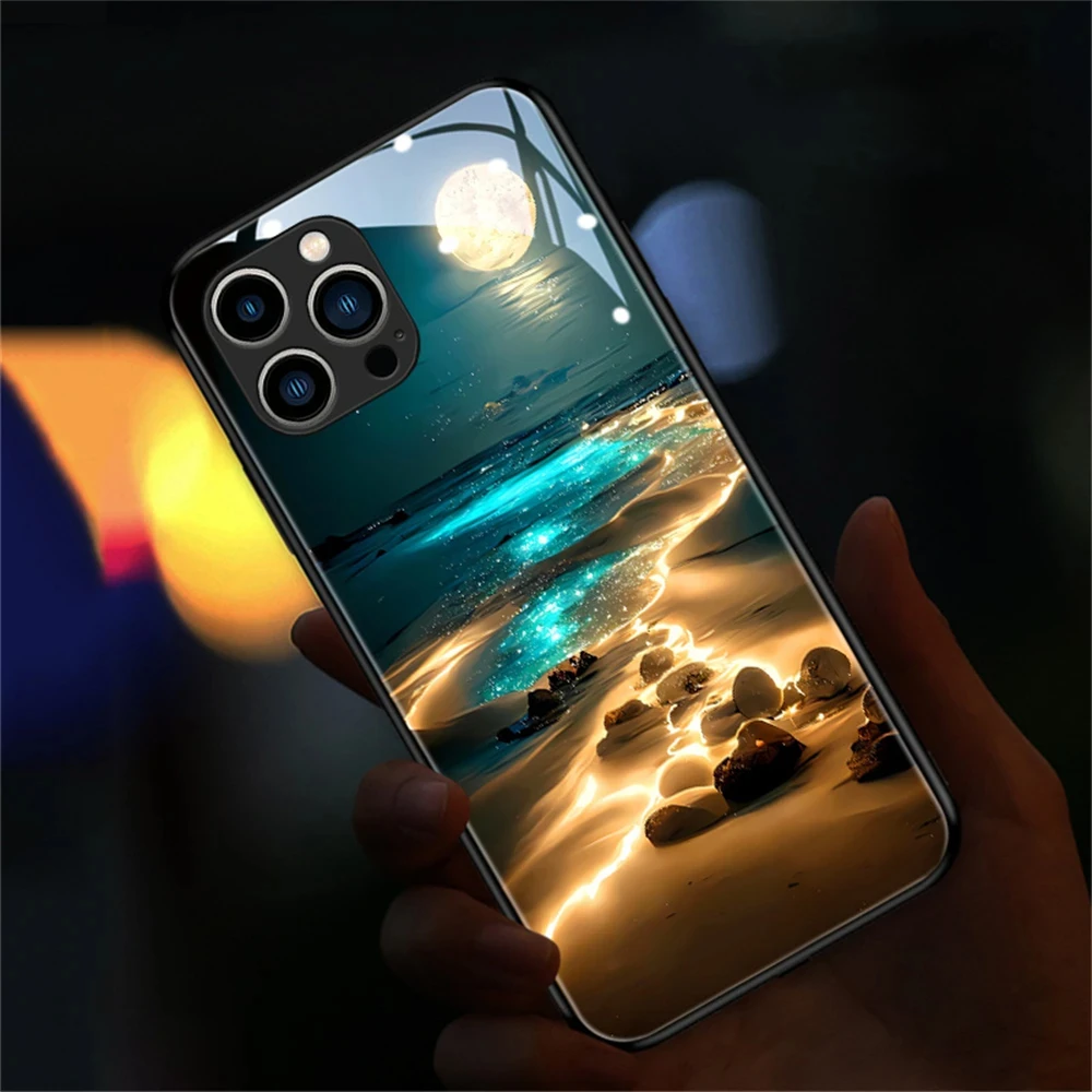 

2024 Night Moon Beach Pattern Luminous LED Call Light Flash Up Phone Case Cover For iPhone 15 14 13 12 11 Pro Max Mini X XS XR