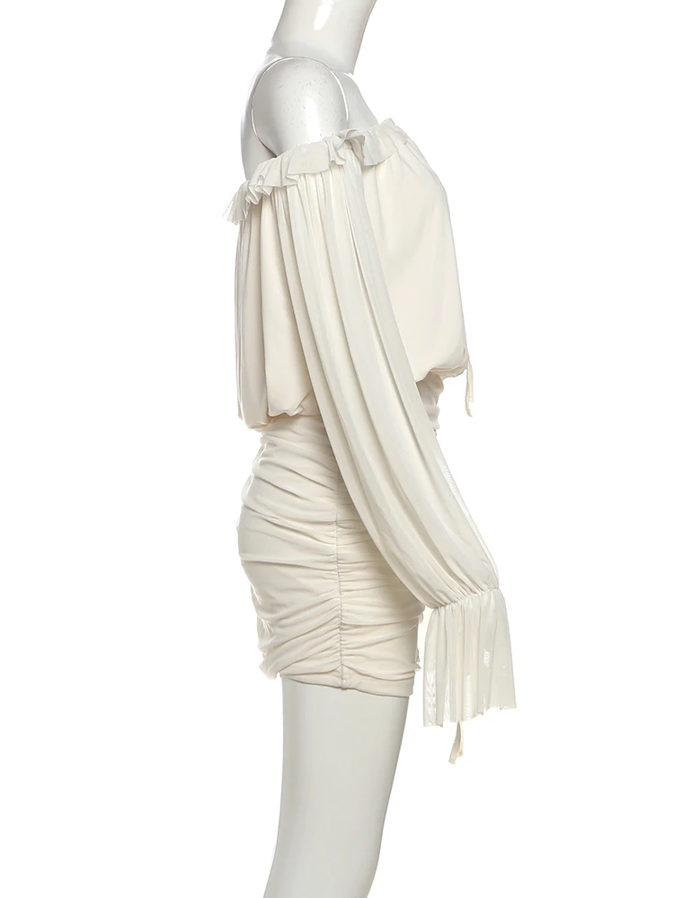 Nibber Slash Neck Dress Women Sexy See Through Drawstring Butterfly Sleeve Ruffles Ruched Skinny Peach Hip Clubwear Mini Bodycon