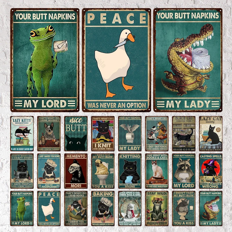 Lazy Cat Vintage Metal Sign Wall Art Shabby Animal Lazy Kitty Shut The Fucupcakes Placca Nice Butt Tin Plate Bagno Home Decor