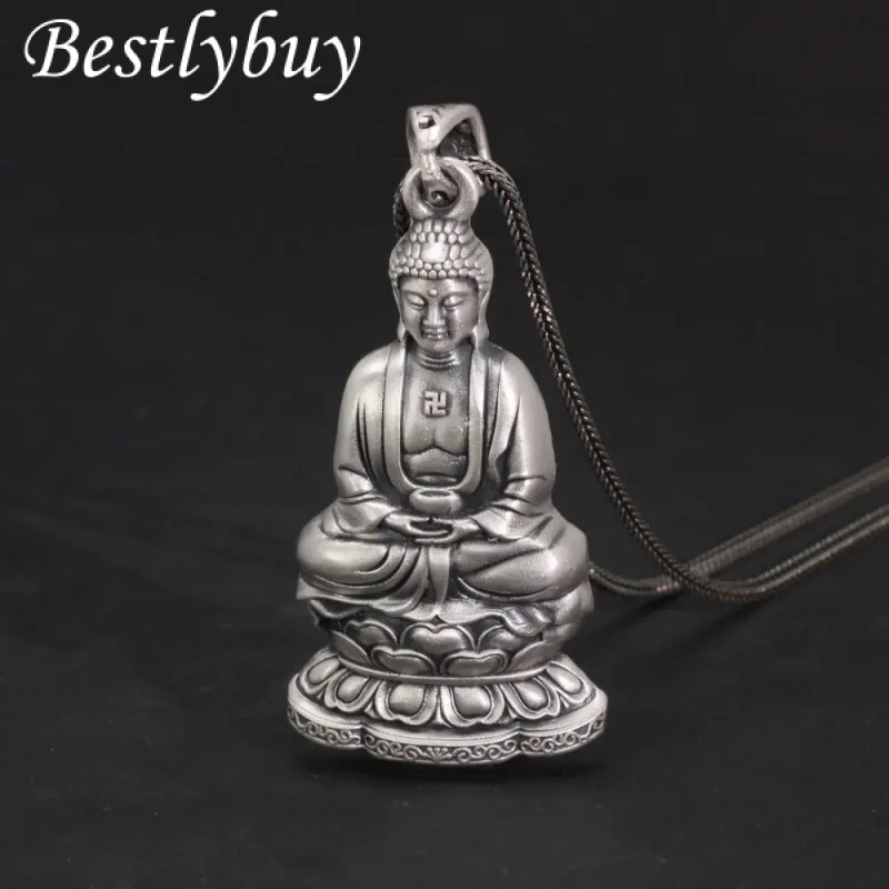 

999 Sterling Silver Avalokitesvara Sitting on The Lotus Flower Mirai Buddha Charm Pendant Vintage Guanyin Necklace