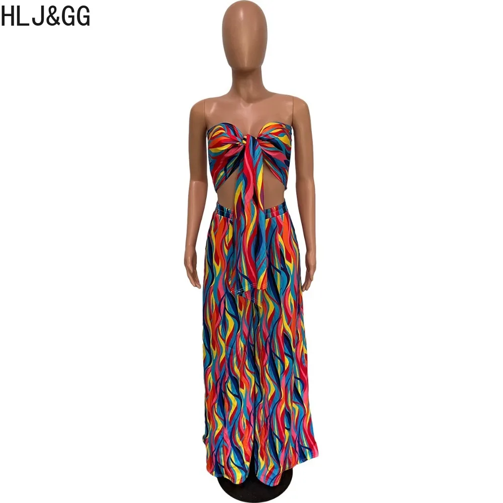 HLJ&GG Summer Colored Stripes Print Wide Leg Pants Two Piece Sets Women Bandage Backless Tube + Pants Outfits Fashion Streetwear