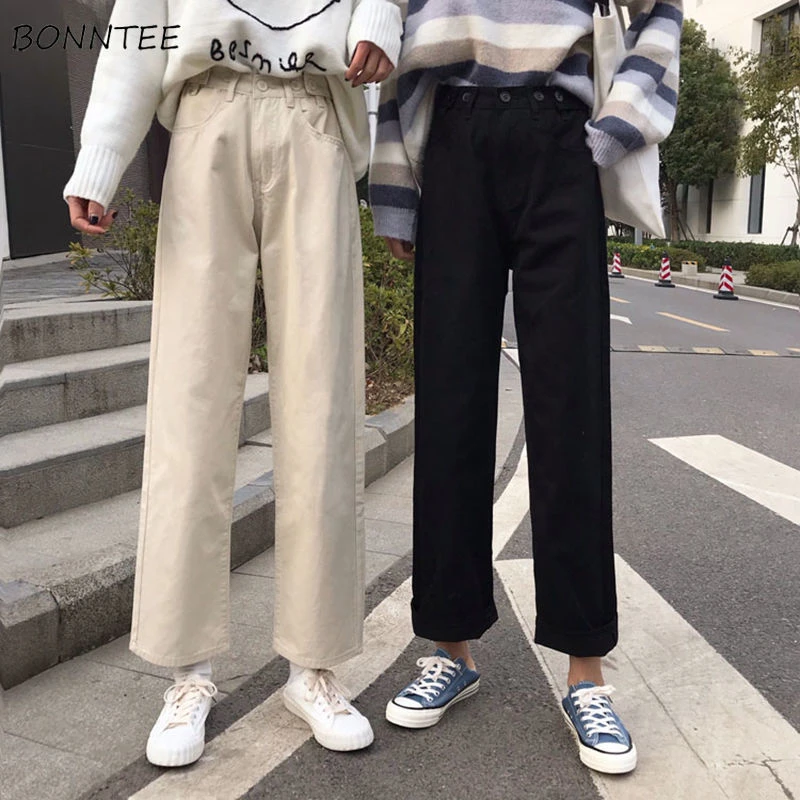 Pantalones casuales de verano para mujer, pantalón Preppy coreano, liso, Harajuku, de cintura alta, negro, gran oferta|Pantalones y pantalones AliExpress