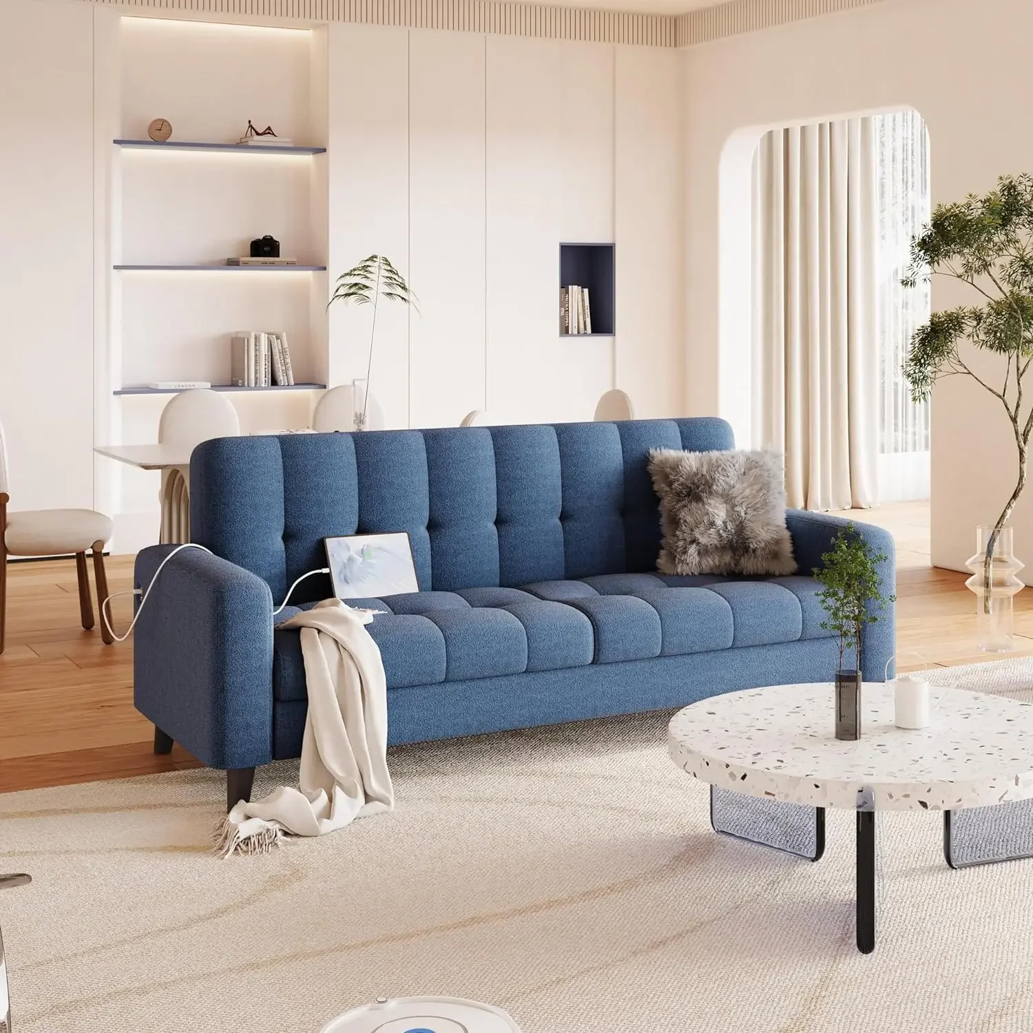 

2-Seater Fabric Sofas with USB Ports Modern 65″ Small Couch with Solid Wood Legs for Living Room Apartment Bedroom Office Blue