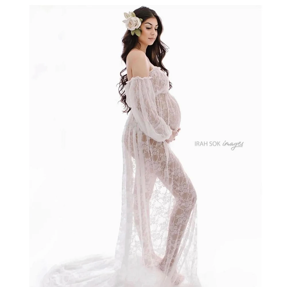 Maternity Dresses For Photo Shoot Women Pregnancy Sexy Off Shoulder long Sleeve Floral Laced Dress Photography Accessories