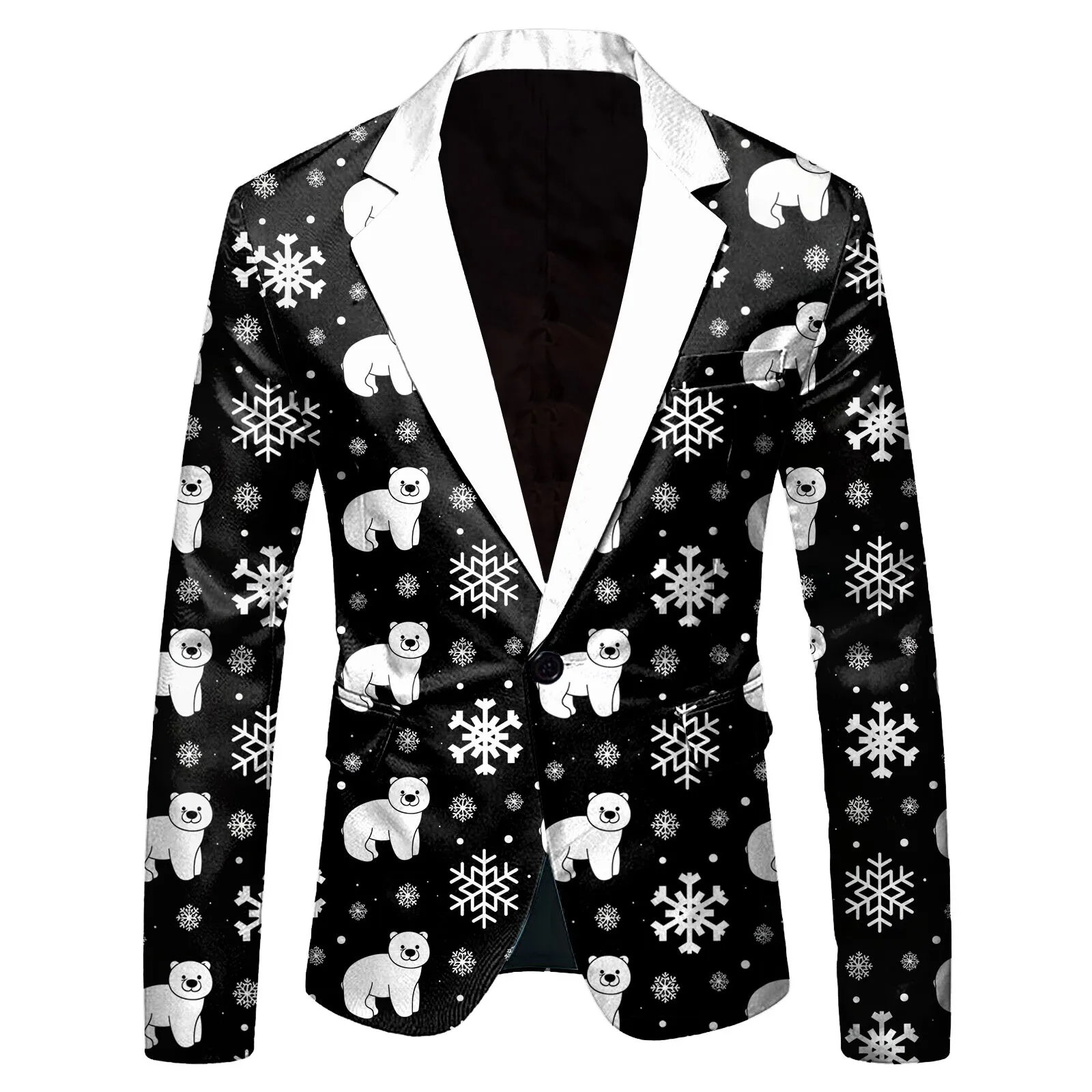 Mens Christmas Blazers Coat Christmas Tree Snowflake Santa Claus Print Suit Long Sleeve Lapel Single Button Suit Jacket Coats