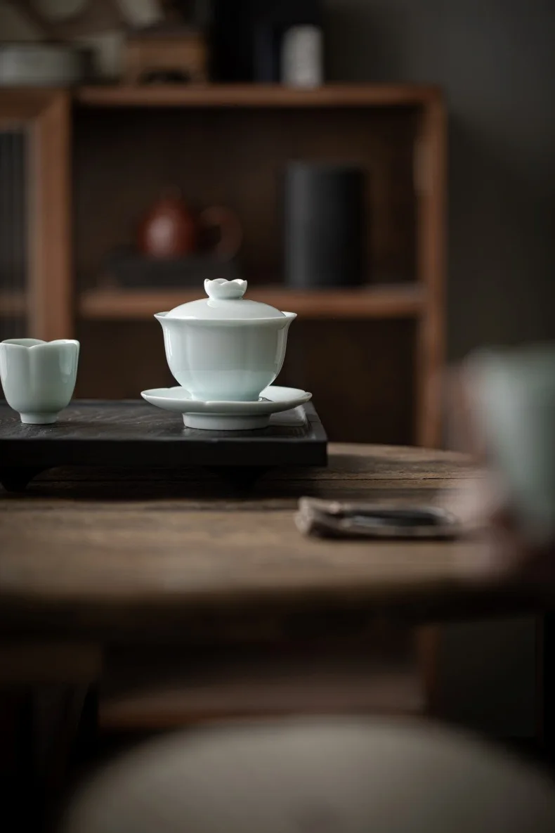 Lotus Green Porzellan Gaiwan Set, große weiße Seladon-Teeschale, Kung-Fu-Teeset, traditionelle Teetasse und Untertasse 150 ml – Detail 7