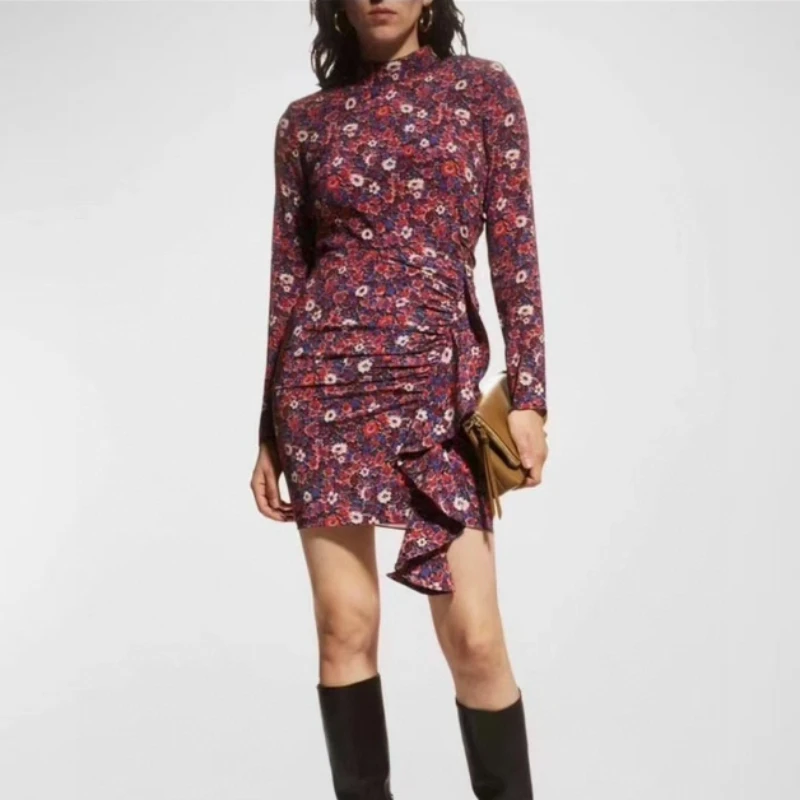 

Women's Silk X-Shape Print Mini Dress Half High Collar Full Sleeve Sheath Flounced Edge Top Quality Summer New Arrivals 2023