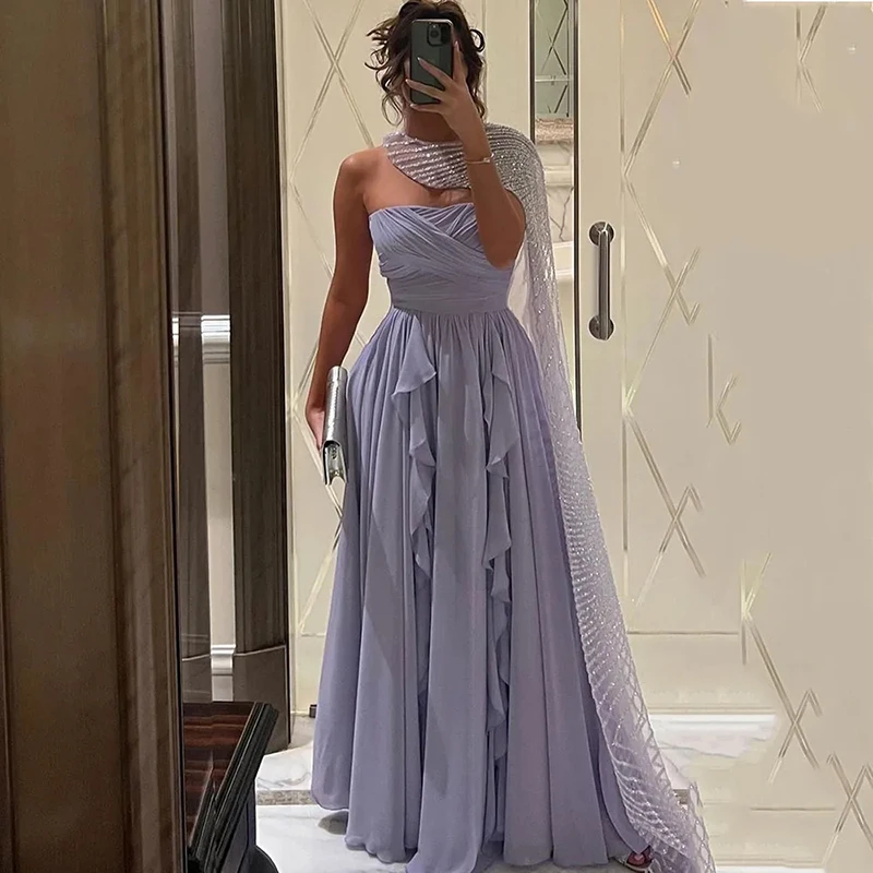 

Chiffon Floor-Length Ruffles Evening Dresses Pleats A-line Prom Gowns with Sequins Cape Saudi Arab for Women فساتين السهرة