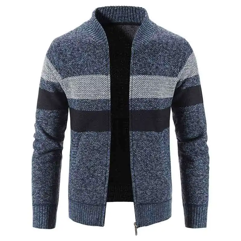 Men's Cardigan Sweater Winter New Plus Velvet Padded Stand-up Collar Color-blocking Zipper Long-sleeved Sweater Coat Jacket Male