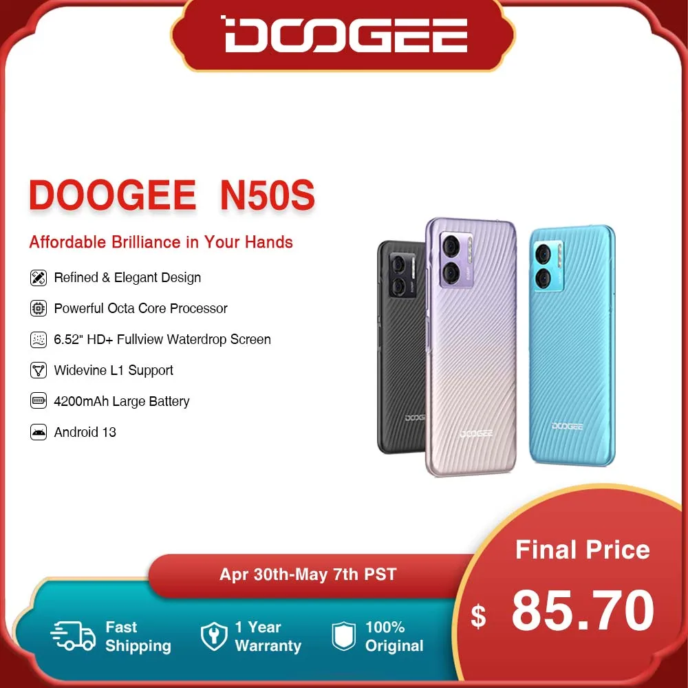 

DOOGEE N50S Smartphone 6.52" 9GB RAM +128GB ROM 20MP Ai Main Camera 4200mAh Battery Fast Charger Android 13.0