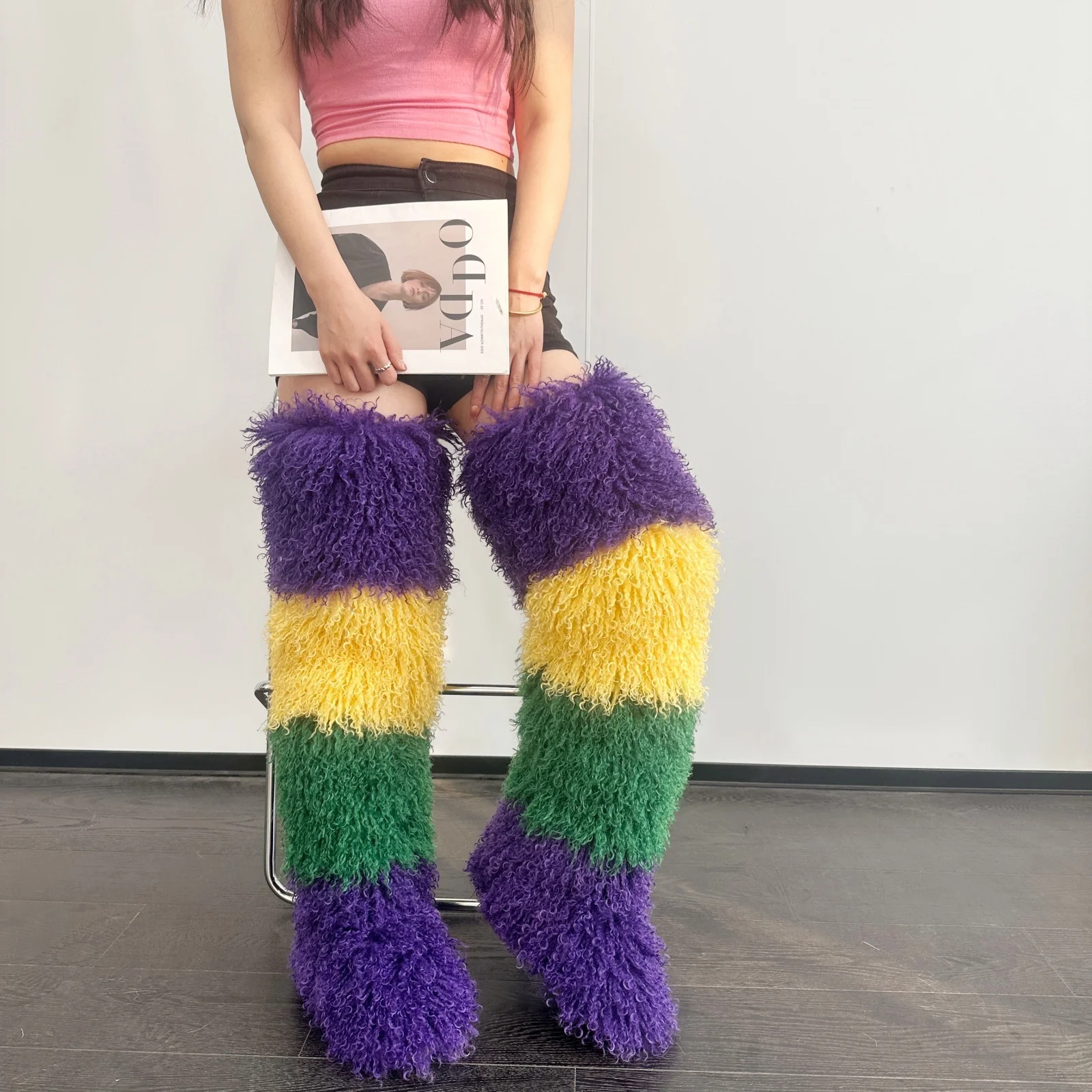 Womens 29 Inch Over The Knee Faux Mongolian Thigh Highs Faux Fur Boots Y2k Fluffy Mardi Gras Mambo FurBoots Boots