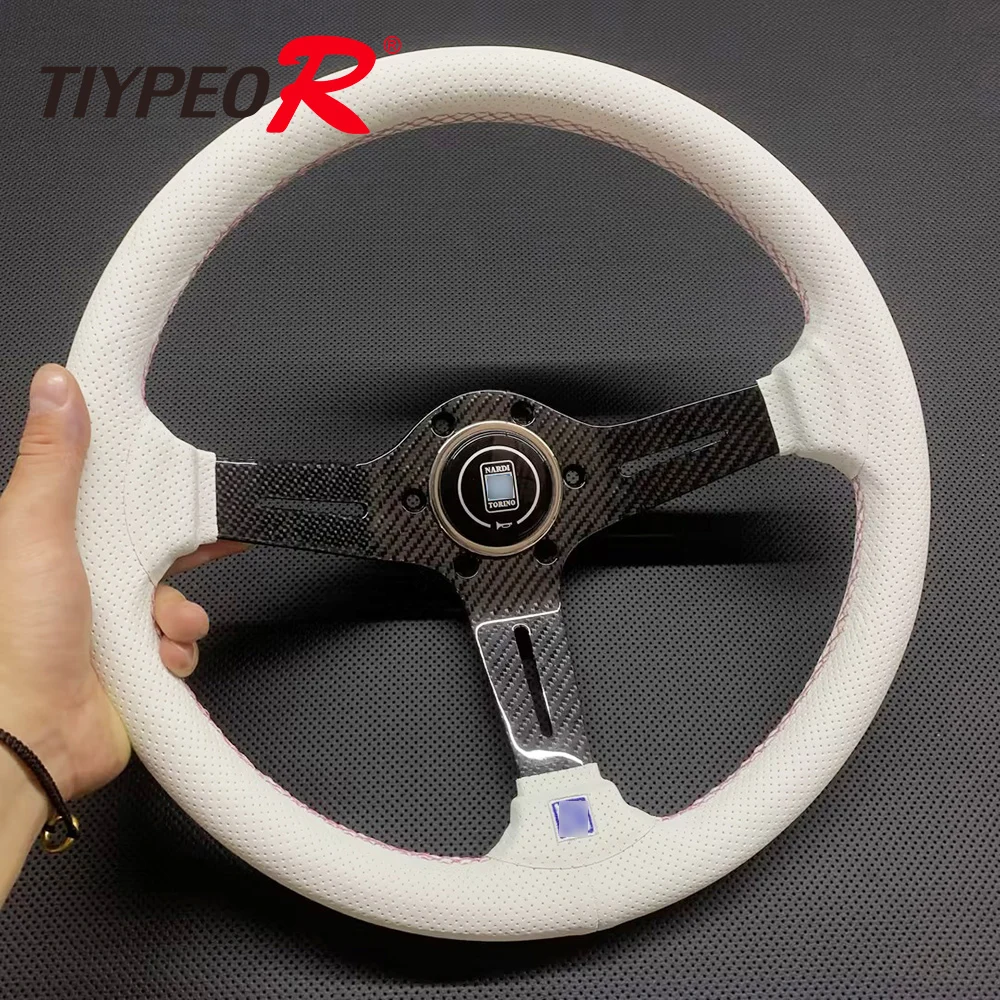 

JDM Universal 14 Inch 350mm Microfiber Perforated Leather Charcoal Fiber Holder Car Steering Wheel White Color Steering Wheel