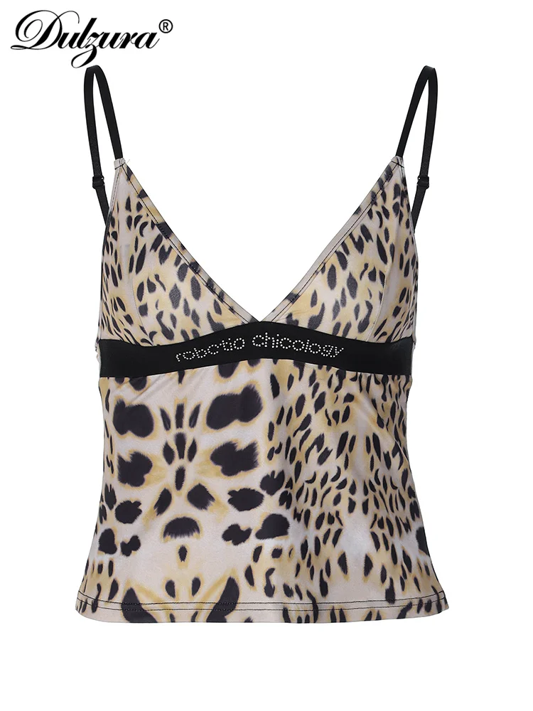 Dulzura Leopard Print Spaghetti Strap Patchwork V-Neck