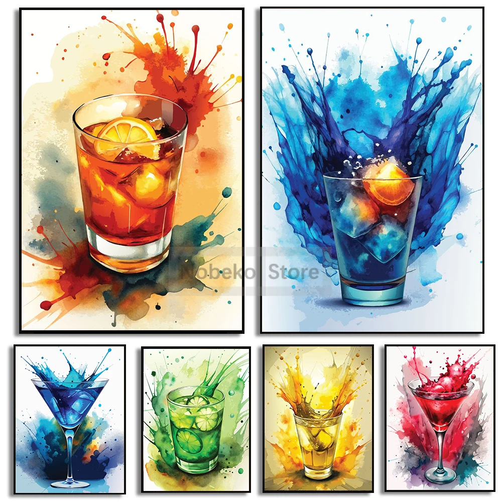 Schizzi Di Cocktail Ad Acquerello Verso L'Esterno Cool Summer Blue Green Poster Prints Canvas Painting Wall Art Pictures Home Room Decor