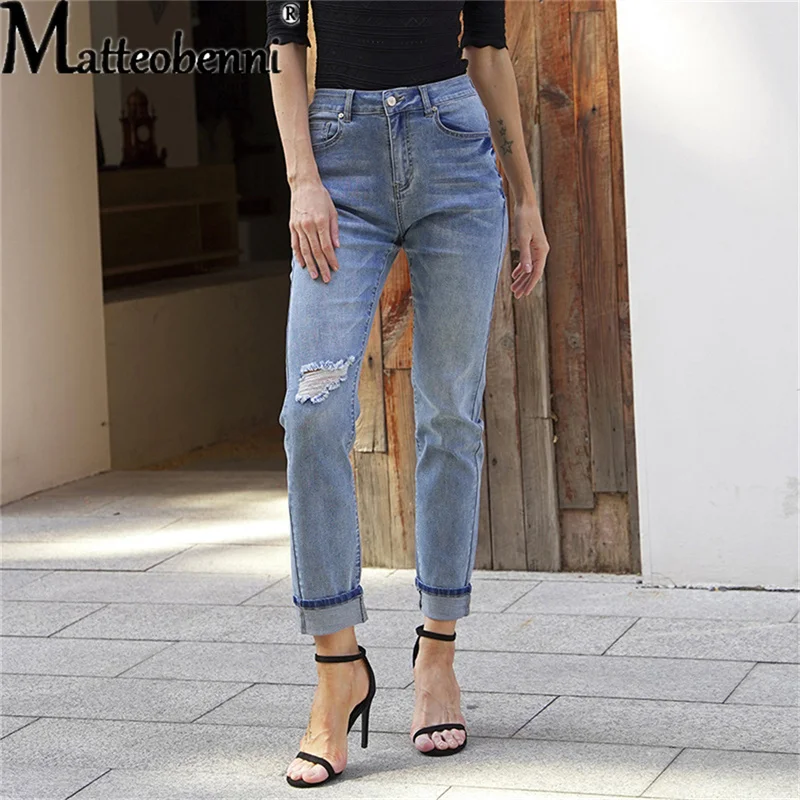 Hole Ripped Elasticity Tight Blue Woman Distressed Jeans Casual Sexy Slim High Waist Capris Pocket Pencil Denim Trousers Ladies vintage american style striped flared jeans women high waist slim fit tight denim pants ladies casual streetwear skinny trousers
