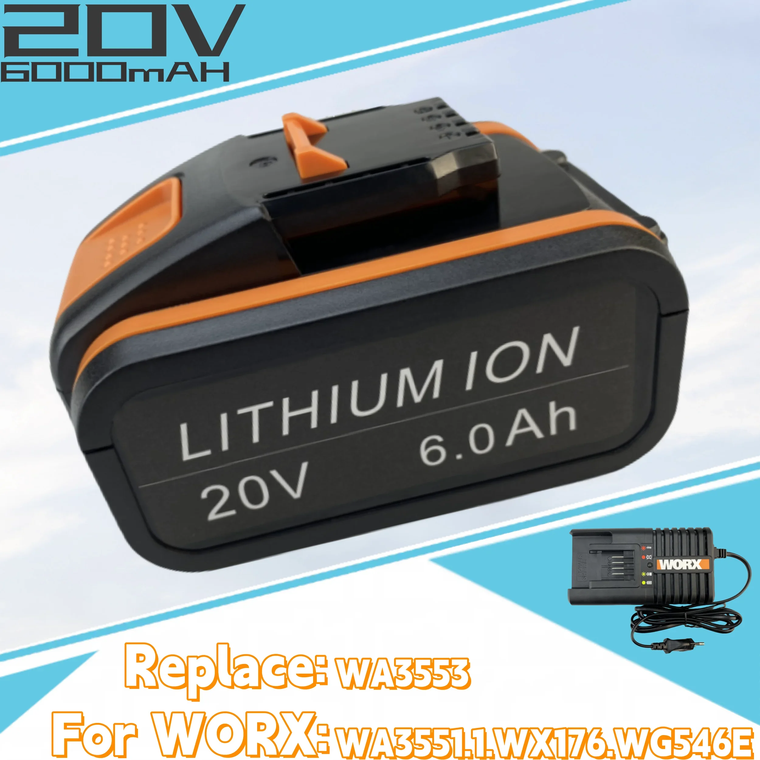 

For Worx-Lithium Battery Electric Tools, 20V, 6000mAh, WA3551.1.WX176.WG546,WA3553, Replace